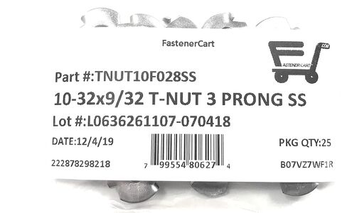 T-NUT من الفولاذ المقاوم للصدأ 10-32x9/32 (3 شقوق) صواميل تي شيرت (10-32 خيط 9/32 بوصة طول البرميل) 18-8 ستانلس - (25) قطعة in Saudi Arabia