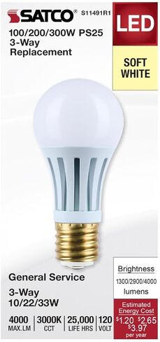 Satco LED Three-Way Lamp, 10/22/33W, Mogul Base, 3000K Soft White, White Finish in Saudi Arabia
