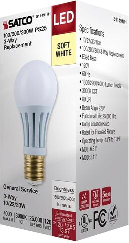 Satco LED Three-Way Lamp, 10/22/33W, Mogul Base, 3000K Soft White, White Finish in Saudi Arabia