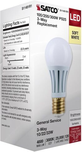 Satco LED Three-Way Lamp, 10/22/33W, Mogul Base, 3000K Soft White, White Finish in Saudi Arabia