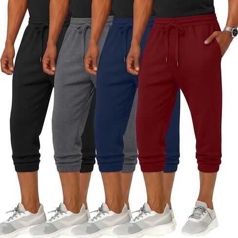 4 Pack Men's 3/4 Joggers Capri Pants Athletic Sweatpants Gym Workout Drawstring Below Knee Pants with Pockets in Saudi Arabia