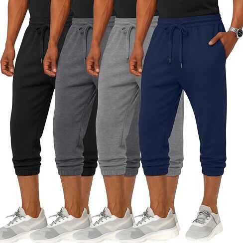 4 Pack Men's 3/4 Joggers Capri Pants Athletic Sweatpants Gym Workout Drawstring Below Knee Pants with Pockets in Saudi Arabia