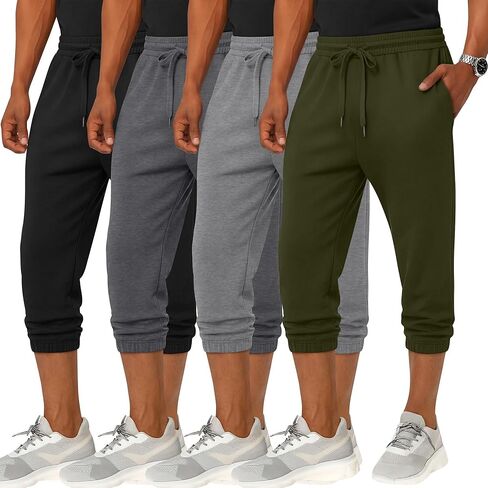 4 Pack Men's 3/4 Joggers Capri Pants Athletic Sweatpants Gym Workout Drawstring Below Knee Pants with Pockets in Saudi Arabia