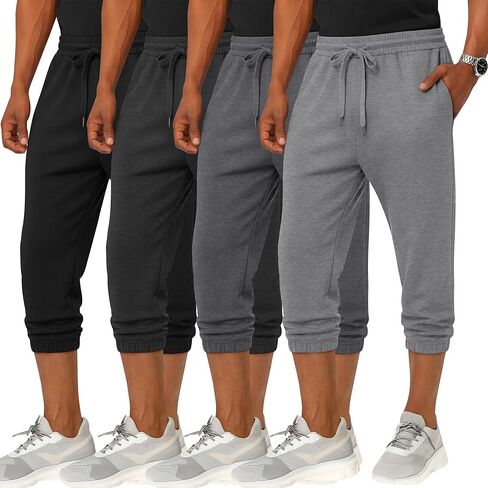 4 Pack Men's 3/4 Joggers Capri Pants Athletic Sweatpants Gym Workout Drawstring Below Knee Pants with Pockets in Saudi Arabia