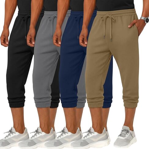 4 Pack Men's 3/4 Joggers Capri Pants Athletic Sweatpants Gym Workout Drawstring Below Knee Pants with Pockets in Saudi Arabia