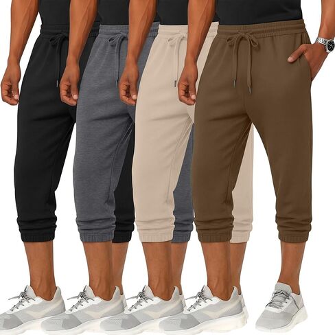 4 Pack Men's 3/4 Joggers Capri Pants Athletic Sweatpants Gym Workout Drawstring Below Knee Pants with Pockets in Saudi Arabia