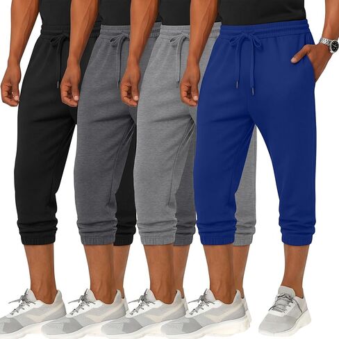 4 Pack Men's 3/4 Joggers Capri Pants Athletic Sweatpants Gym Workout Drawstring Below Knee Pants with Pockets in Saudi Arabia