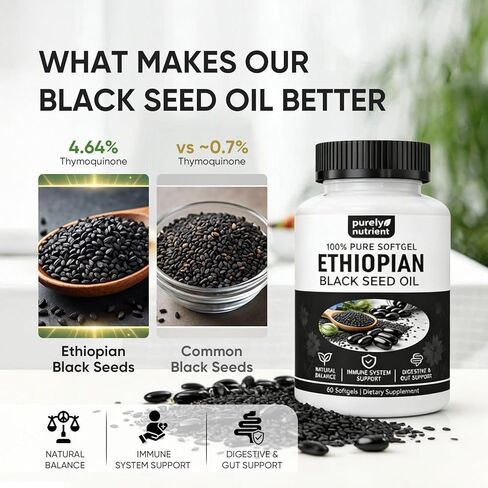 Ethiopian Black Seed Oil Capsules 4.64% Thymoquinone – Purely Nutrient Organic Cold Pressed Black Cumin Seed Oil Softgels, Non-GMO, Gluten-Free, 60 Softgels in Saudi Arabia