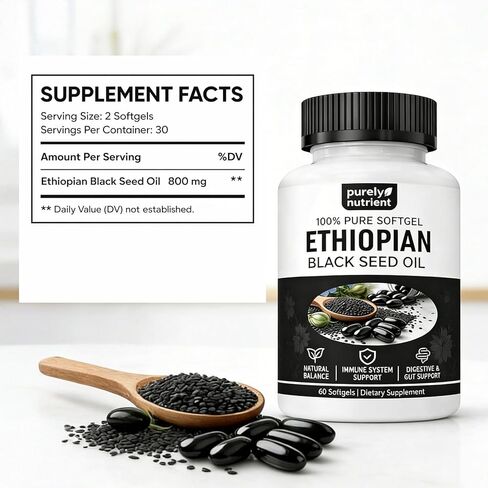 Ethiopian Black Seed Oil Capsules 4.64% Thymoquinone – Purely Nutrient Organic Cold Pressed Black Cumin Seed Oil Softgels, Non-GMO, Gluten-Free, 60 Softgels in Saudi Arabia