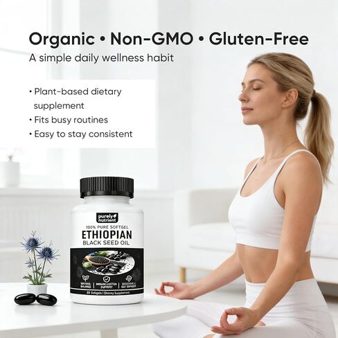 Ethiopian Black Seed Oil Capsules 4.64% Thymoquinone – Purely Nutrient Organic Cold Pressed Black Cumin Seed Oil Softgels, Non-GMO, Gluten-Free, 60 Softgels in Saudi Arabia