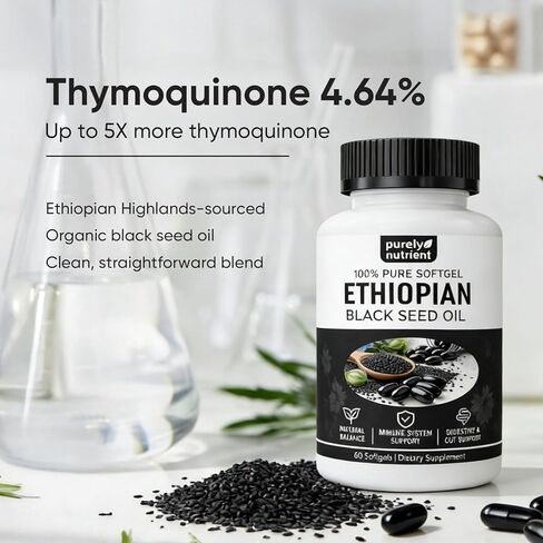 Ethiopian Black Seed Oil Capsules 4.64% Thymoquinone – Purely Nutrient Organic Cold Pressed Black Cumin Seed Oil Softgels, Non-GMO, Gluten-Free, 60 Softgels in Saudi Arabia