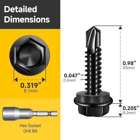 Mywish 50pcs #12 x 1 Self Drilling Screws for Metal, 410 Stainless Steel Hex Washer Head Self Drilling Screws, Black Oxided Self Tapping Sheet Metal Tek Screw Fast Tapping in Saudi Arabia
