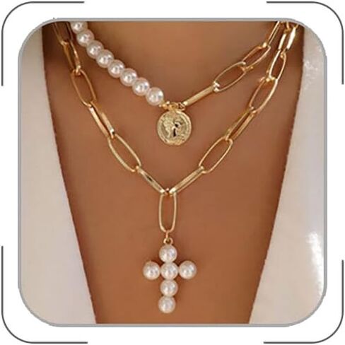 Layered Pearl Necklace for Women Trendy Simple Necklace Gold Chain Choker Necklace Pearl Cross Necklace Tiny Gold Jewelry for Women in Kuwait