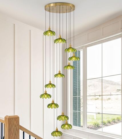 12-Light Green Glass Pendant Light, Emerald Green Flower-Shaped Glass Shade, E12 Socket, Modern Staircase Chandelier for Foyer, Entryway, Stairwell, Living Room, Satin Brass Finish in Saudi Arabia