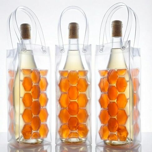 3-Pack Freezable Wine Cooler Bags with Built-in Gel Ice Packs - Portable Hexagon Wine Chiller Sleeve - Reusable Clear Folding Carrier Tote for Champagne, Beer, Picnic & Travel (orange） in Saudi Arabia