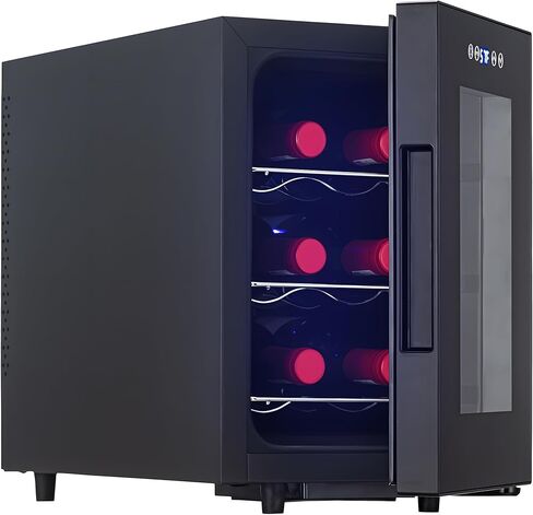 ثلاجة النبيذ Iceblue، التحكم الرقمي في درجة الحرارة الأبيض والأحمر النبيذ 6 زجاجة النبيذ برودة مع رف النبيذ، ثلاجة تبريد النبيذ الشمبانيا للبار، المنزل، المطبخ، هدية (أسود) in Kuwait