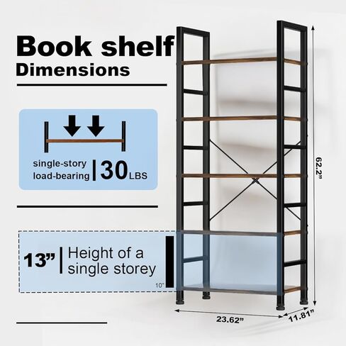 5 Tier Bookshelf, 62'' Tall Book Shelf, Free Standing Vintage Book Storage Shelves, Wood Bookcase Organizer for Bedroom, Living Room and Home Office, Vintage in Kuwait