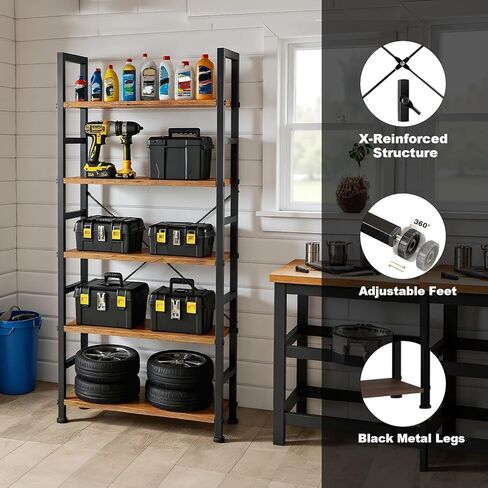 5 Tier Bookshelf, 62'' Tall Book Shelf, Free Standing Vintage Book Storage Shelves, Wood Bookcase Organizer for Bedroom, Living Room and Home Office, Vintage in Kuwait