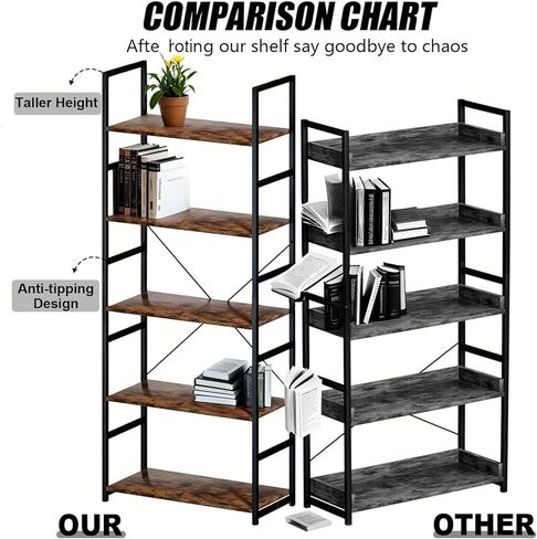 5 Tier Bookshelf, 62'' Tall Book Shelf, Free Standing Vintage Book Storage Shelves, Wood Bookcase Organizer for Bedroom, Living Room and Home Office, Vintage in Kuwait
