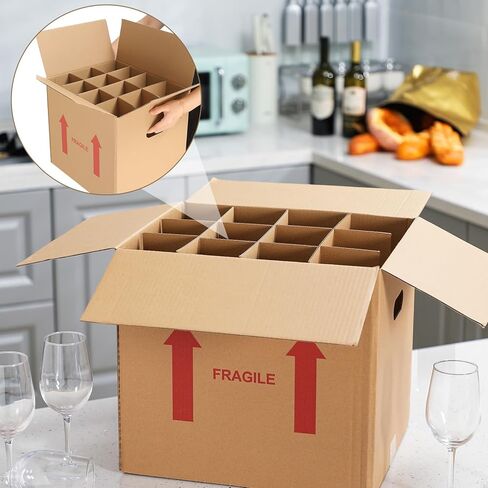 Tatuo 5 Pack Wine Bottle Moving Box 14 x 12 x 13 Inch Corrugated 12 Bottle Wine Shipping Box Kitchen Moving Storage Carrier with Reinforced Cardboard and Handles for Glassware Dishes Travel in Kuwait