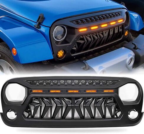 Haitzu Grill Compatible with The Following Models:Jeep Wrangler 2007-2018 JK JUK Shark Grille Accessories Matte Black with 5 Amber Lights Including Unlimited Rubicon Sahara Sport in Kuwait