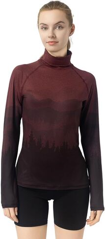Women's Slim Fit Turtleneck Performance Base Layer - Mountain & Forest Print, Moisture-Wicking Long Sleeve Top in Kuwait