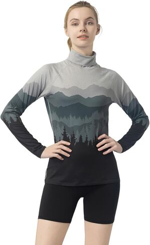 Women's Slim Fit Turtleneck Performance Base Layer - Mountain & Forest Print, Moisture-Wicking Long Sleeve Top in Saudi Arabia
