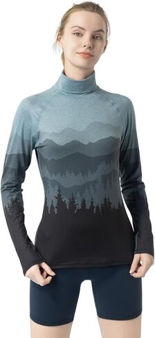 Women's Slim Fit Turtleneck Performance Base Layer - Mountain & Forest Print, Moisture-Wicking Long Sleeve Top in Saudi Arabia