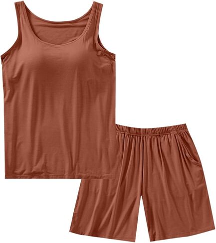 2 Piece Lightweight Summer Pajamas Sets Womens Cooling Tank Tops With Built In Bra & Comfy Shorts Cotton Sleepwear in Saudi Arabia