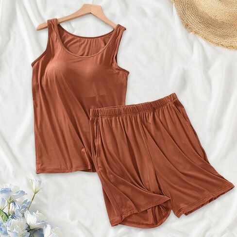 2 Piece Lightweight Summer Pajamas Sets Womens Cooling Tank Tops With Built In Bra & Comfy Shorts Cotton Sleepwear in Saudi Arabia
