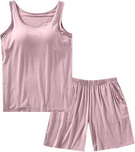 2 Piece Lightweight Summer Pajamas Sets Womens Cooling Tank Tops With Built In Bra & Comfy Shorts Cotton Sleepwear in Saudi Arabia
