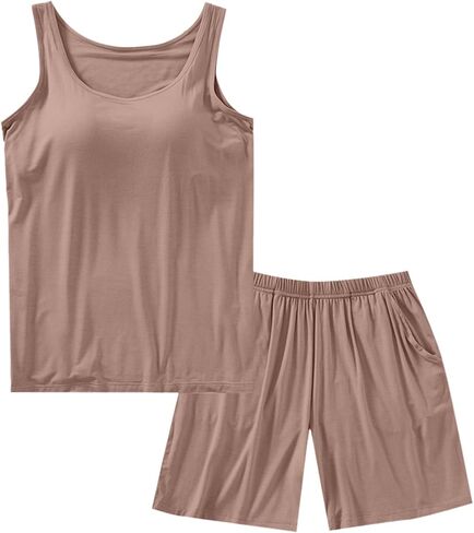 2 Piece Lightweight Summer Pajamas Sets Womens Cooling Tank Tops With Built In Bra & Comfy Shorts Cotton Sleepwear in Saudi Arabia