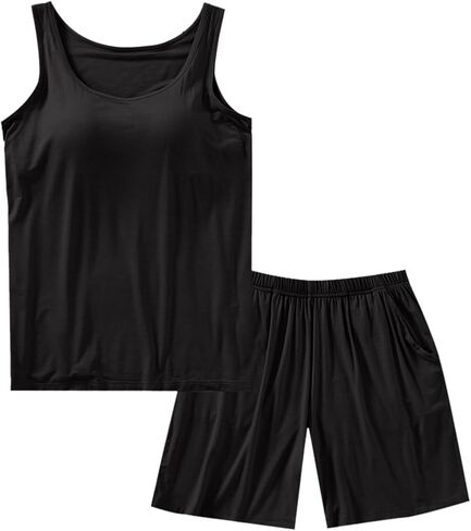 2 Piece Lightweight Summer Pajamas Sets Womens Cooling Tank Tops With Built In Bra & Comfy Shorts Cotton Sleepwear in Saudi Arabia