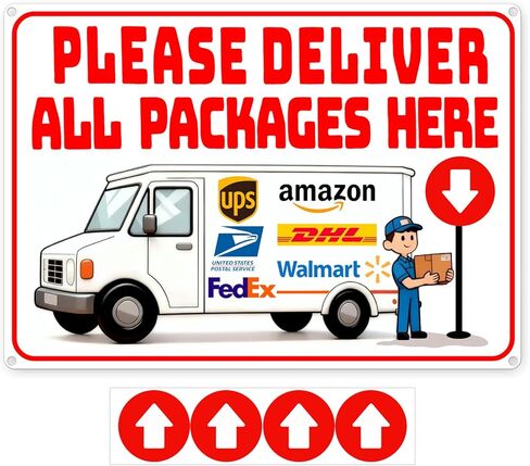 14 x 10 Inch Delivery Sign for Packages, Rust-Free Aluminum Metal Sign with Directional Arrow Stickers for House, Porch, Yard, Outdoor, and Delivery Box in Saudi Arabia