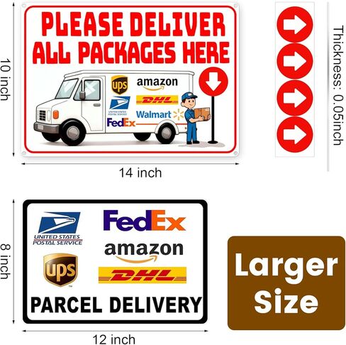 14 x 10 Inch Delivery Sign for Packages, Rust-Free Aluminum Metal Sign with Directional Arrow Stickers for House, Porch, Yard, Outdoor, and Delivery Box in Saudi Arabia