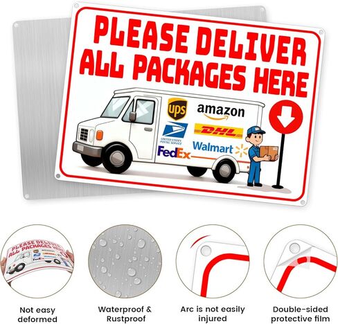 14 x 10 Inch Delivery Sign for Packages, Rust-Free Aluminum Metal Sign with Directional Arrow Stickers for House, Porch, Yard, Outdoor, and Delivery Box in Saudi Arabia