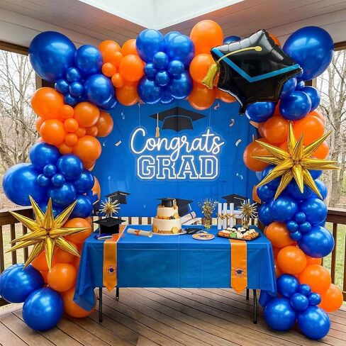 Orange and blue Graduation Balloon Garland Arch Kit with foil star crown graduation cap balloons for School students graduate class of 2025 Prom Party Decorations (Royal Blue Orange) in Kuwait