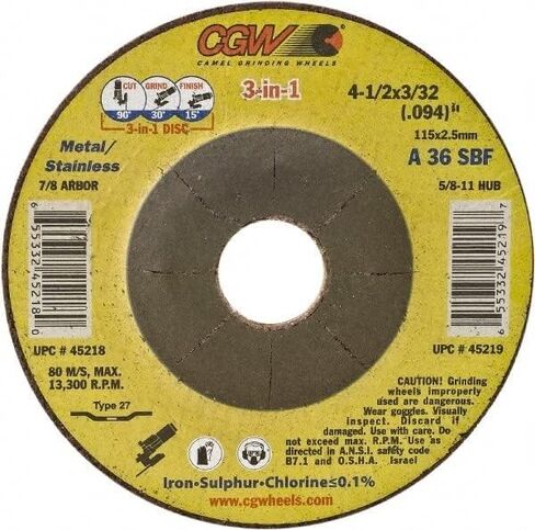 CGW Abrasives 45219 Cutting Wheels 41/2X3/32(094) X5/8-11 T27 A36S 3-in-1 Wheels .094 Cut/Grind/Finish Resin Cut WHLS Thin (10 Pack) in Kuwait