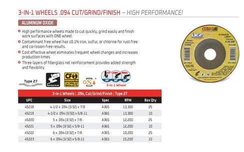 CGW Abrasives 45219 Cutting Wheels 41/2X3/32(094) X5/8-11 T27 A36S 3-in-1 Wheels .094 Cut/Grind/Finish Resin Cut WHLS Thin (10 Pack) in Kuwait