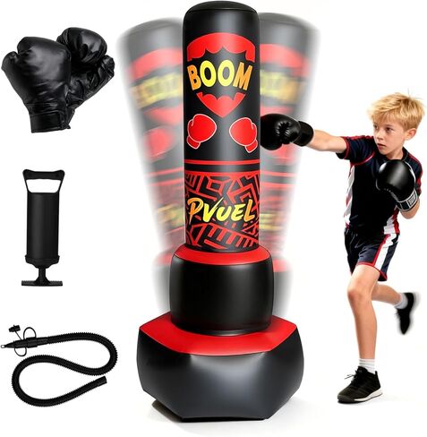 FONESO Kids Inflatable Punching Bag with Boxing Gloves, 67 Inch Larger Stable Boxing Bag Set, Karate Taekwondo MMA Training Equipment, Birthday Gifts for Boys Girls Age 6-12 in Kuwait