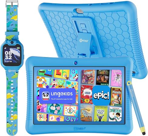 Contixo K102 10 "Android Tablet و KW1 Kids Smartwatch - 32 جيجابايت ، تشمل 80+ كتب ديزني ، ساعة تعليمية مع الألعاب ، الكاميرا ، مشغل الموسيقى ، إنذار ، خلفية قابلة للتخصيص ، وردي in Kuwait