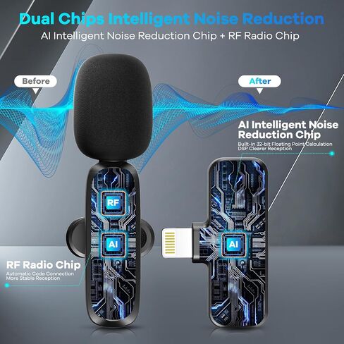 2 Pack Wireless Lavalier Microphone for iPhone, iPad, Android Phone, Mini Lapel Microphone for Video Recording, Clip on Dual Mics with Noise Reduction for Vlog YouTube Podcast Interview TikTok in Kuwait