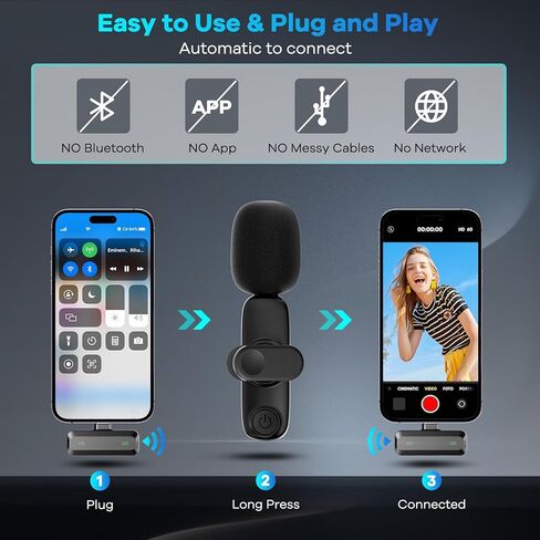 2 Pack Wireless Lavalier Microphone for iPhone, iPad, Android Phone, Mini Lapel Microphone for Video Recording, Clip on Dual Mics with Noise Reduction for Vlog YouTube Podcast Interview TikTok in Kuwait