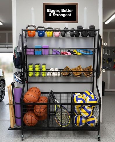 AMPLY Sports Equipment Organizer, Rolling Sports Ball Storage Garage Rack with Large Ball Bins, Side Bat Grid and Multi-Tier Shelves, Steel Rust-Resistant Gear Cart for Families, Schools, Gyms in Saudi Arabia