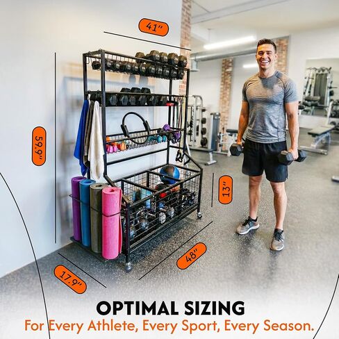 AMPLY Sports Equipment Organizer, Rolling Sports Ball Storage Garage Rack with Large Ball Bins, Side Bat Grid and Multi-Tier Shelves, Steel Rust-Resistant Gear Cart for Families, Schools, Gyms in Saudi Arabia