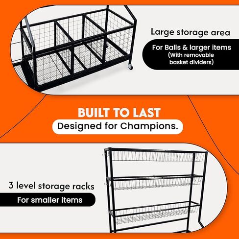 AMPLY Sports Equipment Organizer, Rolling Sports Ball Storage Garage Rack with Large Ball Bins, Side Bat Grid and Multi-Tier Shelves, Steel Rust-Resistant Gear Cart for Families, Schools, Gyms in Saudi Arabia