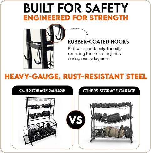 AMPLY Sports Equipment Organizer, Rolling Sports Ball Storage Garage Rack with Large Ball Bins, Side Bat Grid and Multi-Tier Shelves, Steel Rust-Resistant Gear Cart for Families, Schools, Gyms in Saudi Arabia