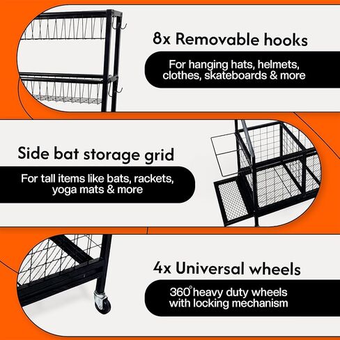 AMPLY Sports Equipment Organizer, Rolling Sports Ball Storage Garage Rack with Large Ball Bins, Side Bat Grid and Multi-Tier Shelves, Steel Rust-Resistant Gear Cart for Families, Schools, Gyms in Saudi Arabia