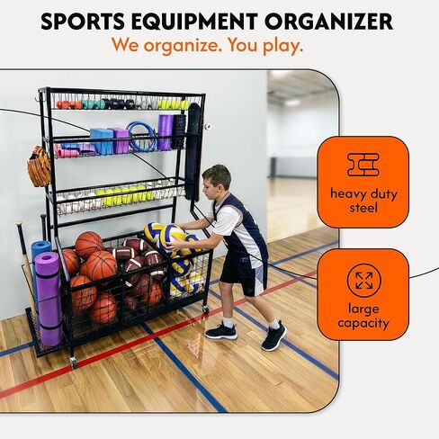 AMPLY Sports Equipment Organizer, Rolling Sports Ball Storage Garage Rack with Large Ball Bins, Side Bat Grid and Multi-Tier Shelves, Steel Rust-Resistant Gear Cart for Families, Schools, Gyms in Saudi Arabia