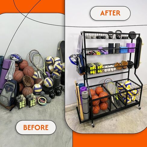 AMPLY Sports Equipment Organizer, Rolling Sports Ball Storage Garage Rack with Large Ball Bins, Side Bat Grid and Multi-Tier Shelves, Steel Rust-Resistant Gear Cart for Families, Schools, Gyms in Saudi Arabia